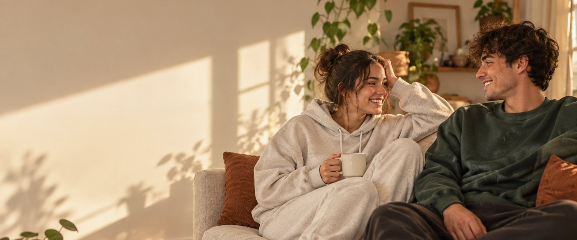 Two friends relaxing on a sofa in soft everyday sweatshirts and joggers